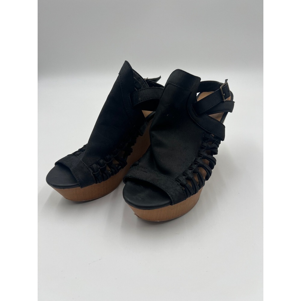 Qupid Women Black Faux Suede Woven Platform Wedge Sandals Size 7 Strappy Heel